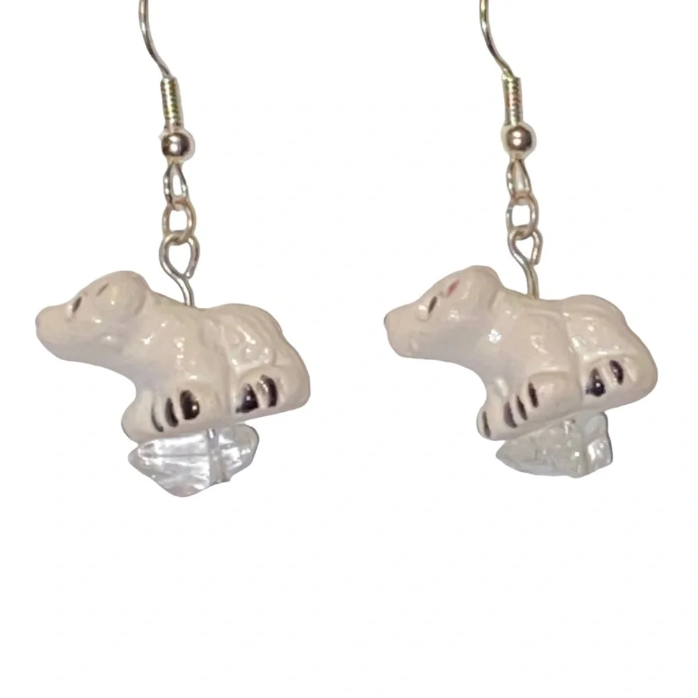 HAND CRAFTED Earrings Polar Bear Quartz Crystal Dangle Drop Long Ceramic Pierced - Picture 4 of 9